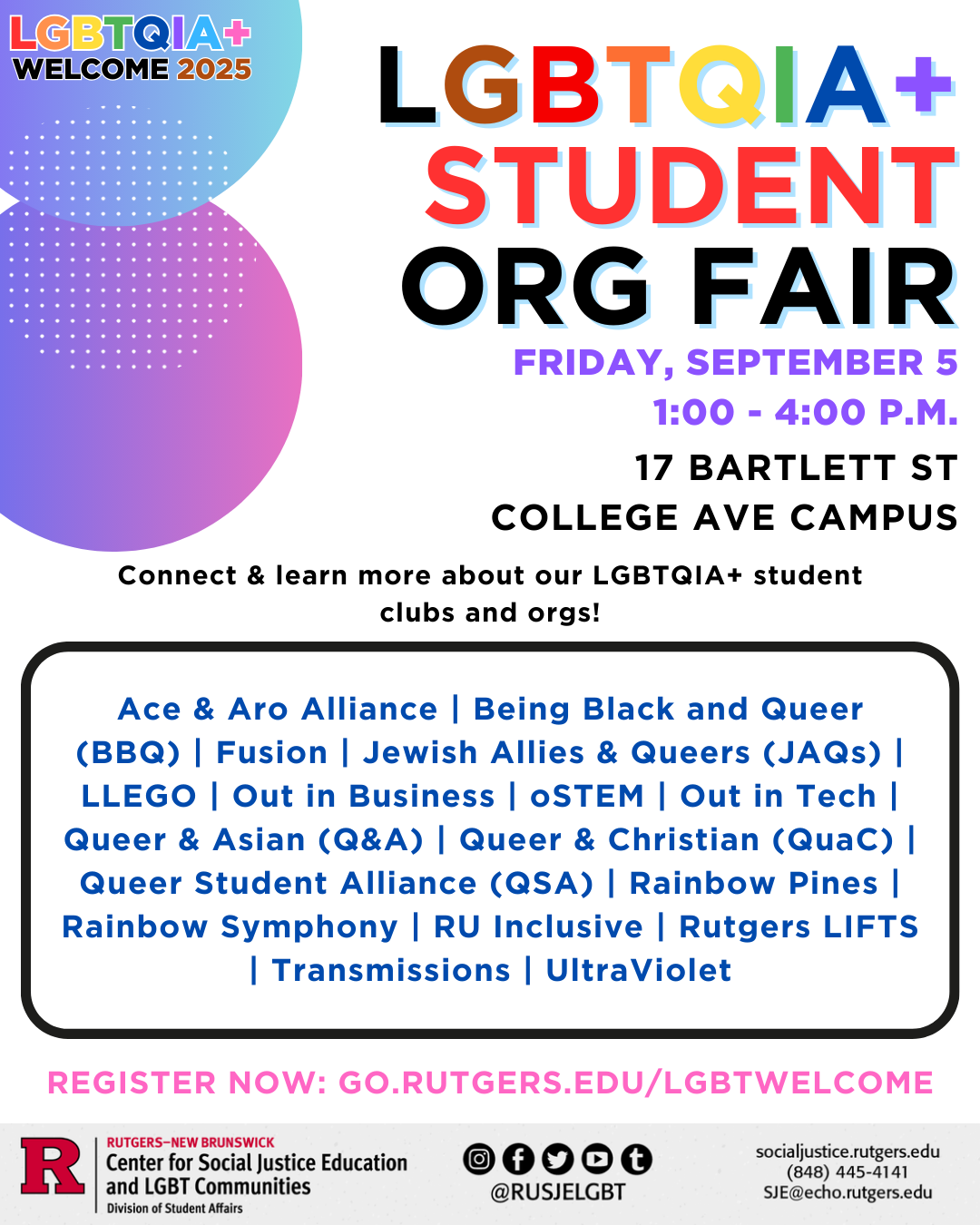 LGBTQIA+ Student Org Fair Details and Location